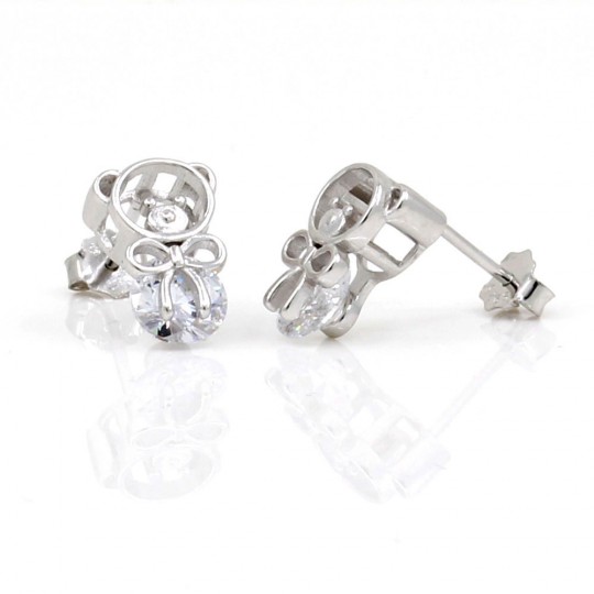 Teddy bear earrings with bow and crystals silver 925 rhodium plated