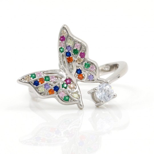 Butterfly ring with crystals, rhodium-plated 925 silver