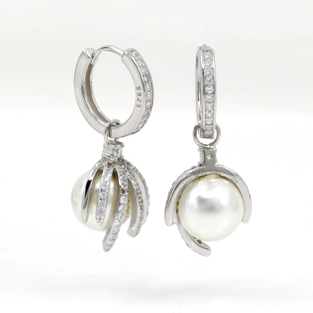 Cercei hoops cu perla si cristale, argint 925 rodiat, 13.5mm