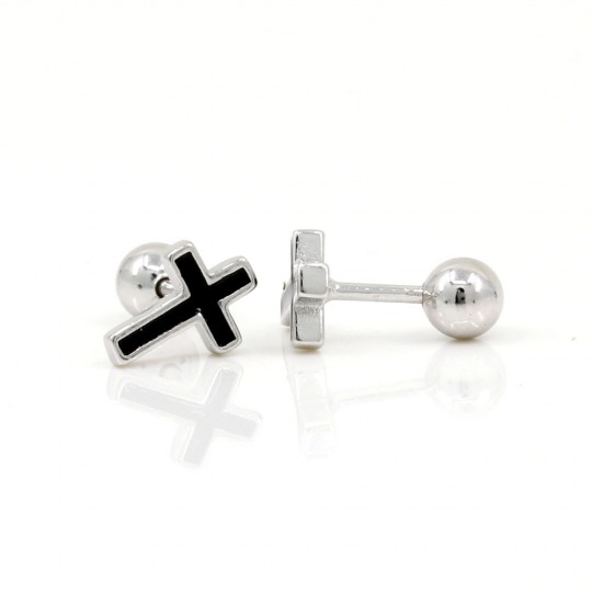 Tragus earrings in rhodium-plated silver 925 with enamel, cross