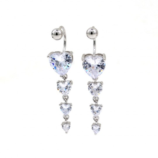 Upper lobe earrings in rhodium-plated 925 silver, crystal hearts