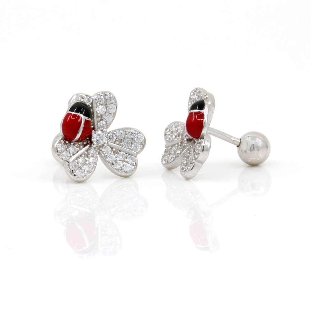 Earrings for tragus in silver 925 rhodium plated with enamel, clover with ladybug