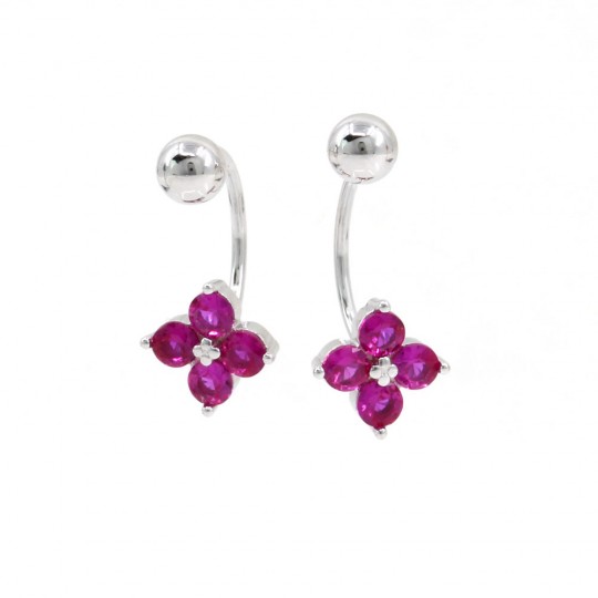 Upper lobe earrings in rhodium-plated 925 silver, fuchsia flower