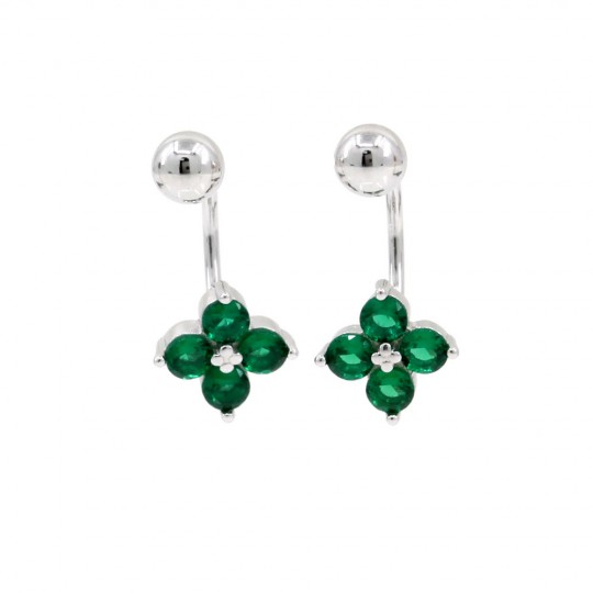 Upper lobe earrings in rhodium-plated 925 silver, emerald flower