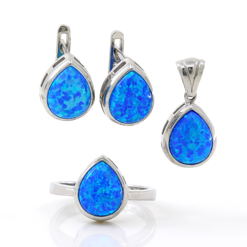 Blue Opal drop set, earrings, ring, pendant, rhodium-plated 925 silver