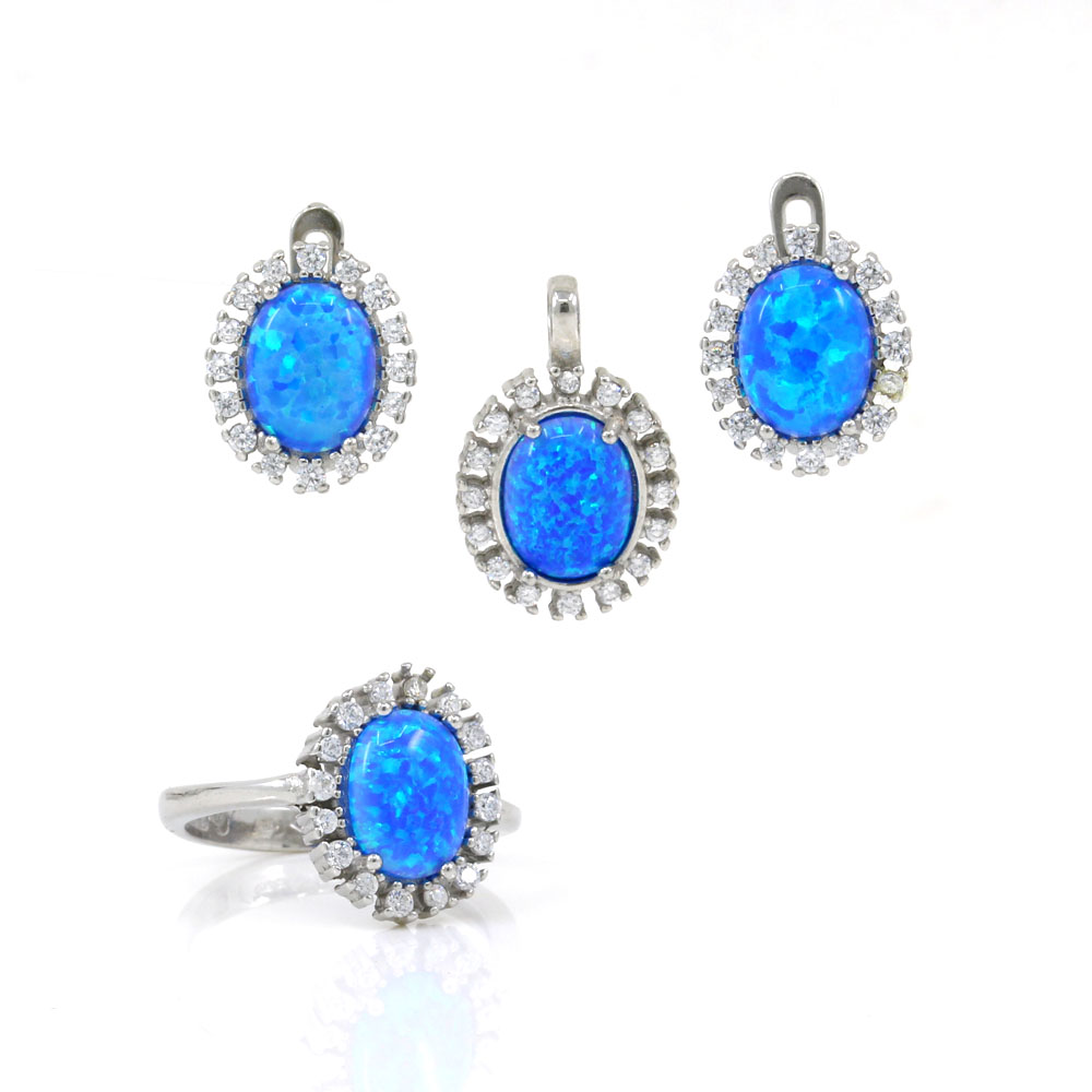 Set Elysee Blue Opal, cercei, inel, pandantiv, argint 925 rodiat