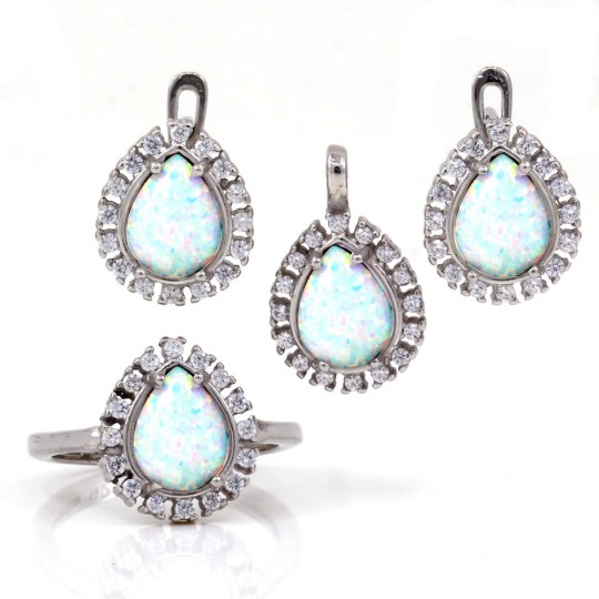 White Opal drop set, earrings, ring, pendant, rhodium-plated 925 silver