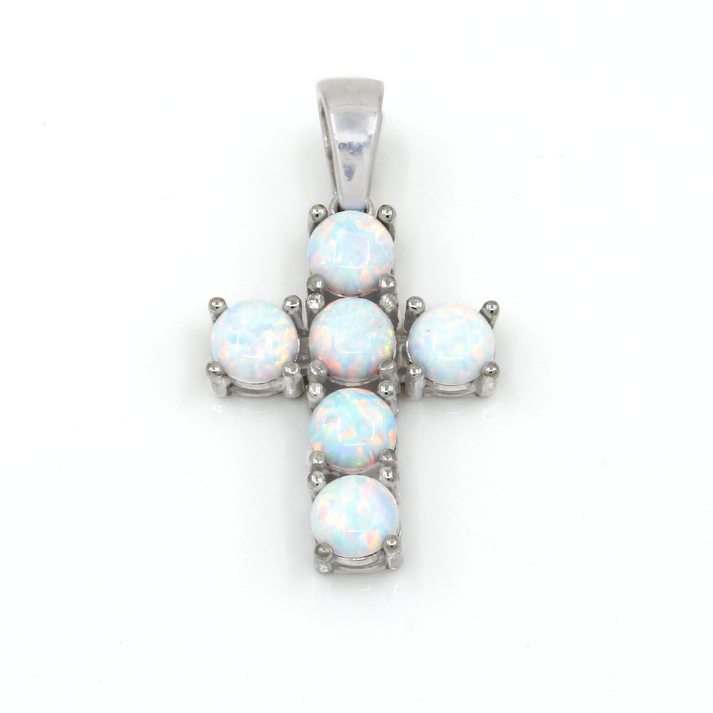 Cross pendant with White Opal, rhodium-plated 925 silver