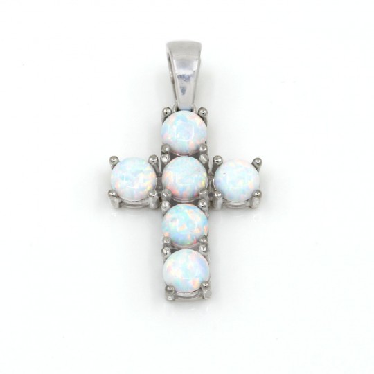 Pandantiv cruce cu White Opal, argint 925 rodiat