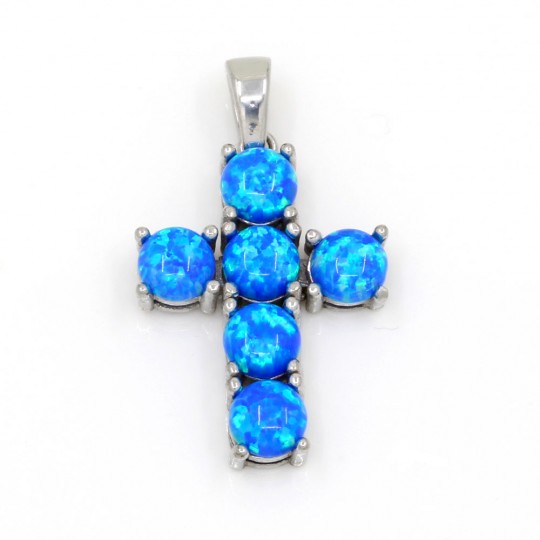 Cross pendant with Blue Opal, rhodium-plated 925 silver