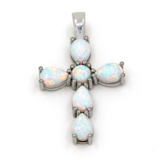 Pandantiv cruce cu White Opal, argint 925 rodiat