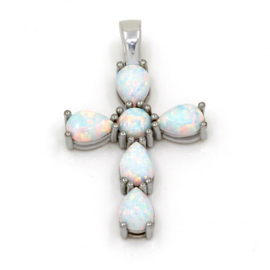 Cross pendant with White Opal, rhodium-plated 925 silver