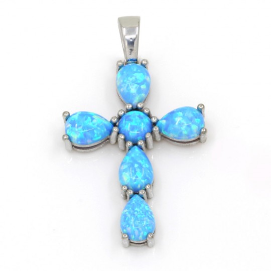 Cross pendant with Azure Opal, rhodium-plated 925 silver