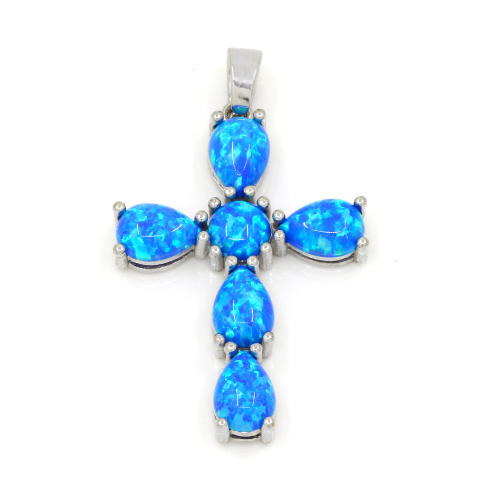 Pandantiv cruce cu Blue Opal, argint 925 rodiat
