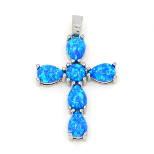 Cross pendant with Blue Opal, rhodium-plated 925 silver