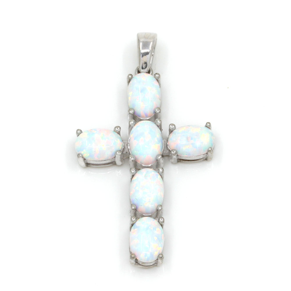 Cross pendant with White Opal, rhodium-plated 925 silver