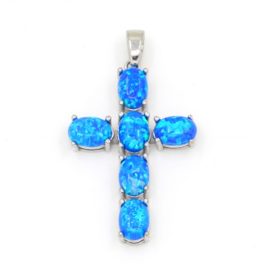 Cross pendant with Blue Opal, rhodium-plated 925 silver