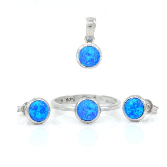 Alice set, Blue Opal, earrings, ring (57), pendant, rhodium-plated silver 925