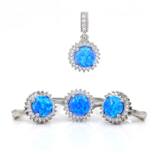 Joly set, Blue Opal, earrings, ring (60), pendant, rhodium-plated silver 925