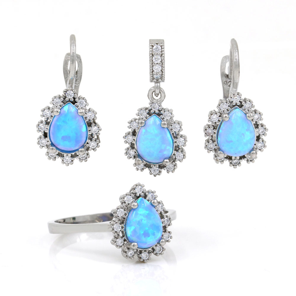 Diane set, Azure Opal, earrings, ring (55), pendant, rhodium-plated silver 925