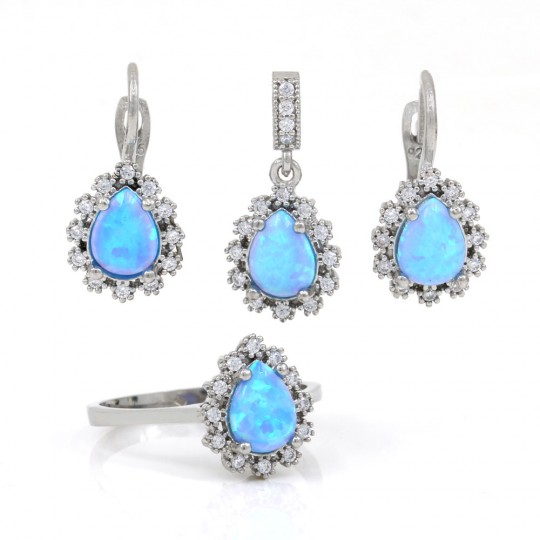 Diane set, Azure Opal, earrings, ring (55), pendant, rhodium-plated silver 925