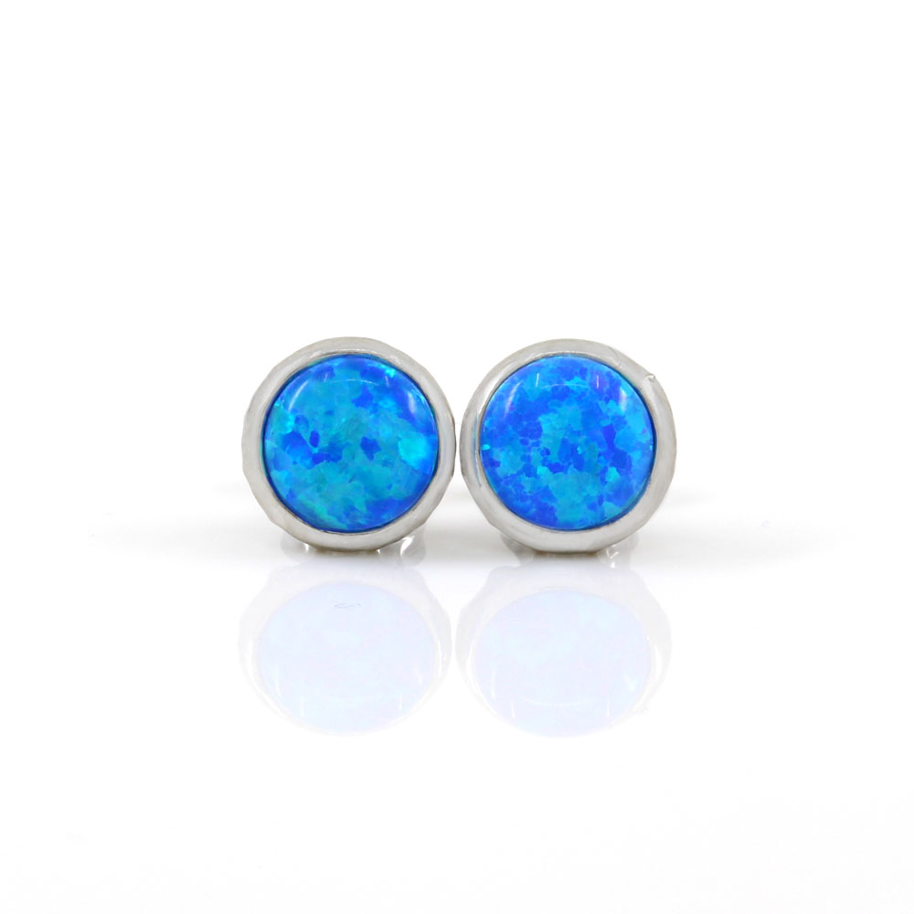 Blue Opal earrings, silver 925 rhodium-plated, 10mm