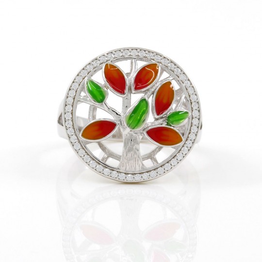 Tree of life ring with enamel and crystals (55, silver 925 rhodium-plated