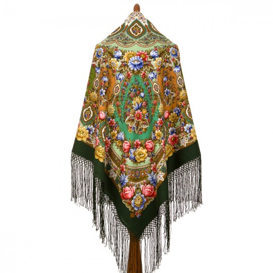 Premium shawl Gold and Silver, wool, green - 148x148cm