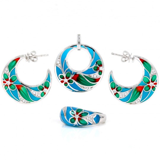 Set Turquoise, cercei, inel, pandantiv, argint 925 rodiat