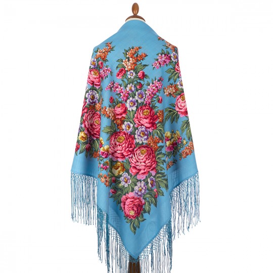 Premium shawl Victory Day, wool, turcoaz - 148x148cm