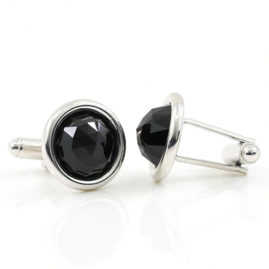 Butoni cu cristale Swarovski, cabochon negru Jet, argint 925 rodiat