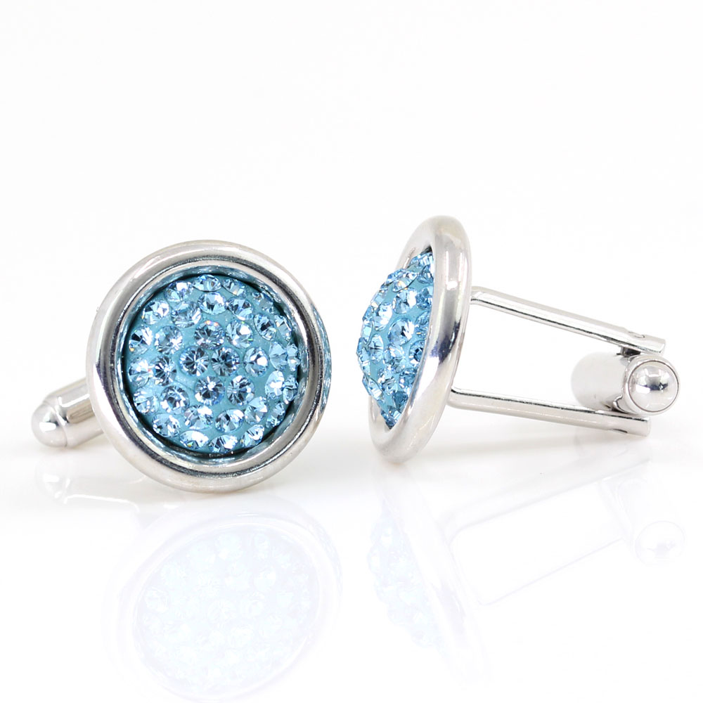 Butoni cu cristale Swarovski, cabochon pave Aquamarine, argint 925 rodiat