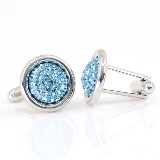 Butoni cu cristale Swarovski, cabochon pave Aquamarine, argint 925 rodiat