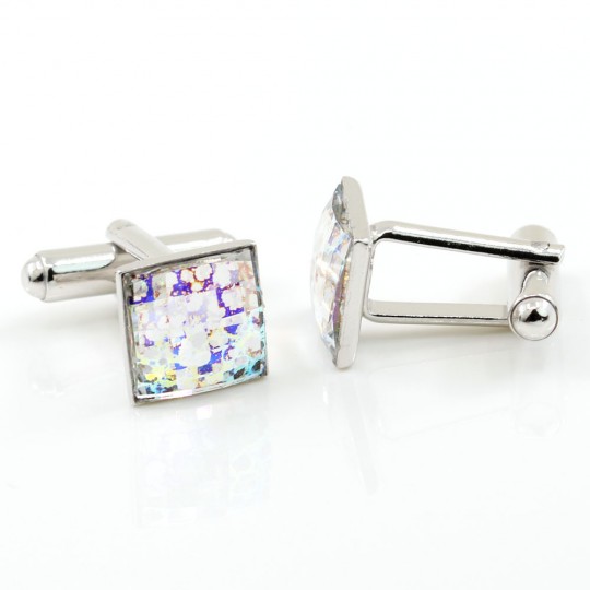 Butoni cu cristale Swarovski, cabochon White patina 10mm, argint 925 rodiat