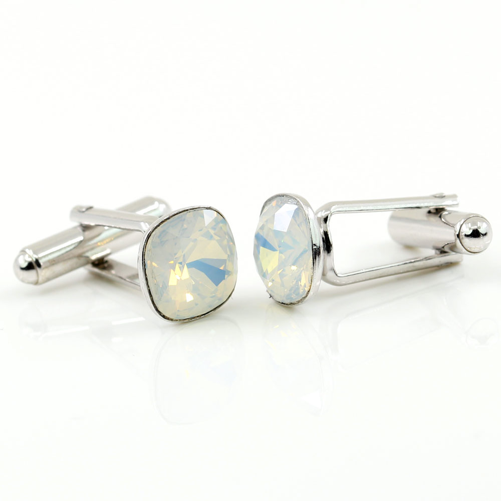 Butoni cu cristale Swarovski, fancy rivoli White Opal 10mm, argint 925 rodiat