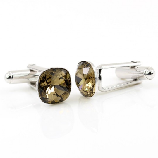 Butoni cu cristale Swarovski, fancy rivoli Smoky Quartz 10mm, argint 925 rodiat