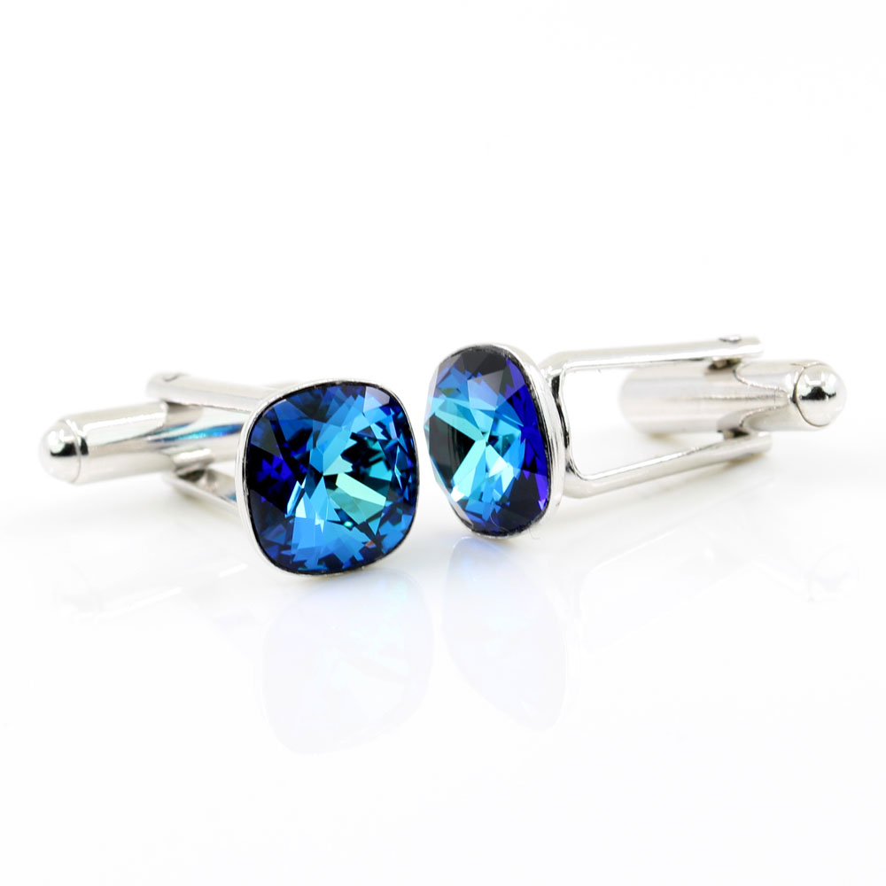 Butoni cu cristale Swarovski, fancy rivoli Bermuda Blue 10mm, argint 925 rodiat