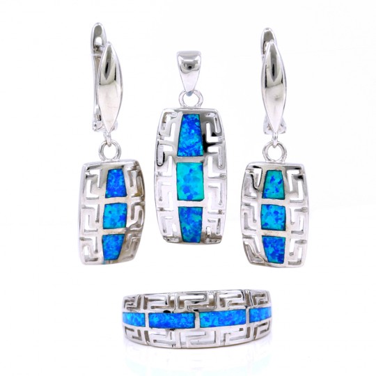 Set Trio Blue Opal, cercei, inel, pandantiv, argint 925 rodiat