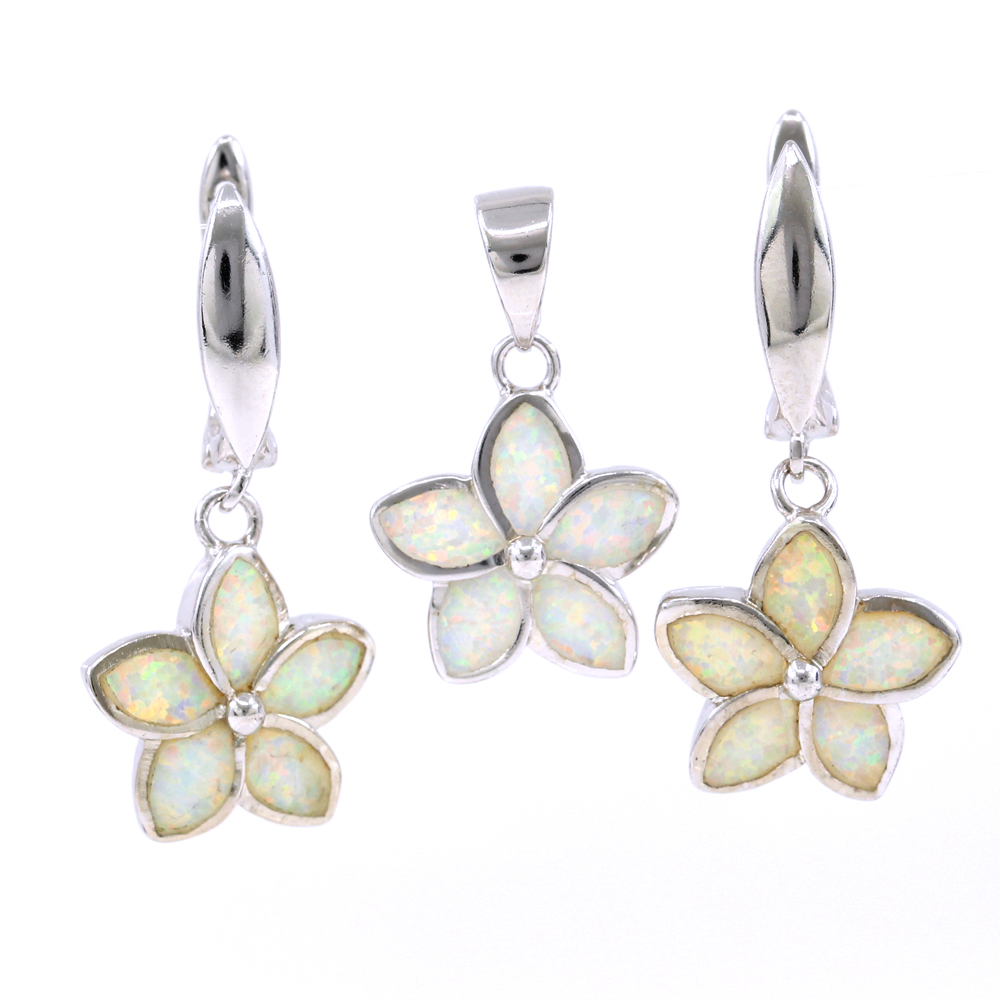Set Floare White Opal, cercei, pandantiv, argint 925 rodiat