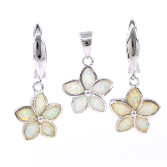 Set Floare White Opal, cercei, pandantiv, argint 925 rodiat