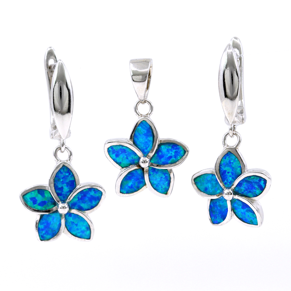 Set Floare Blue Opal, cercei, pandantiv, argint 925 rodiat