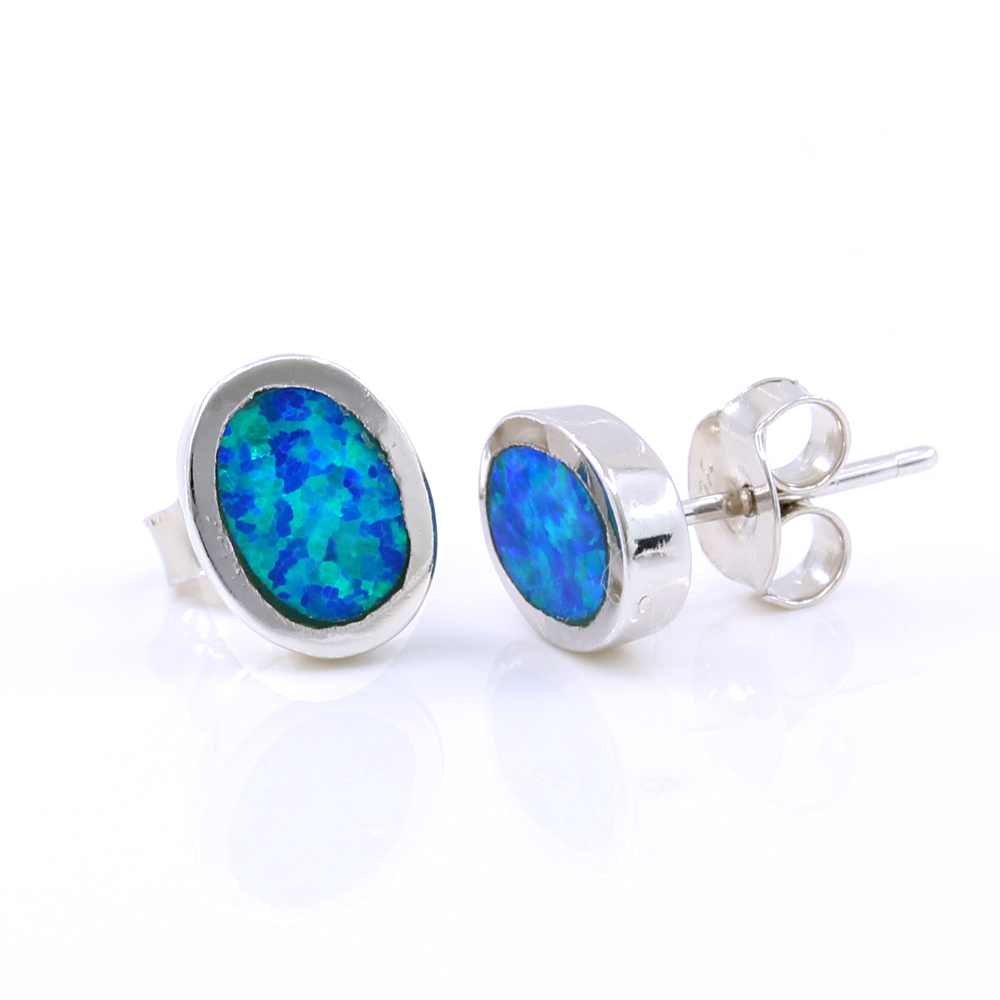 Cercei Oval cu Blue Opal, argint 925 rodiat, 9mm