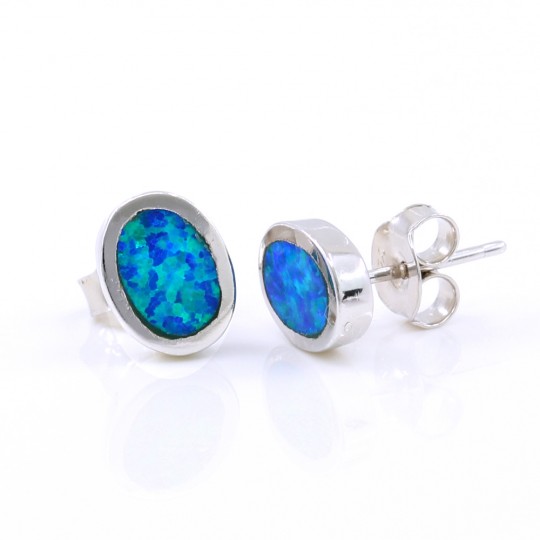Cercei Oval cu Blue Opal, argint 925 rodiat, 9mm