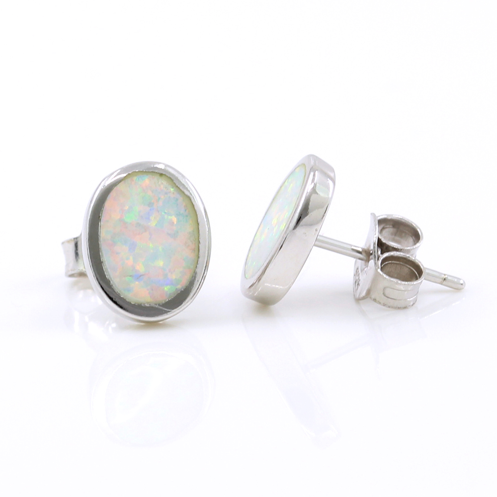 Cercei Oval cu White Opal, argint 925 rodiat, 9mm