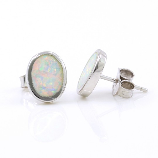 Cercei Oval cu White Opal, argint 925 rodiat, 9mm