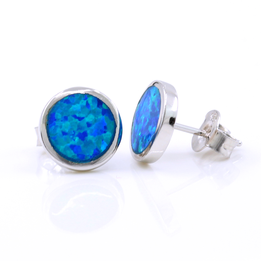 Cercei Rotund cu Blue Opal, argint 925 rodiat, 10mm