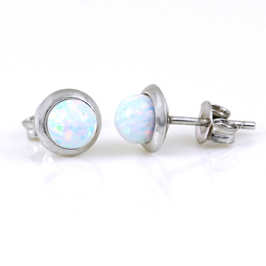 Cercei Sfera cu White Opal, argint 925 rodiat, 7mm