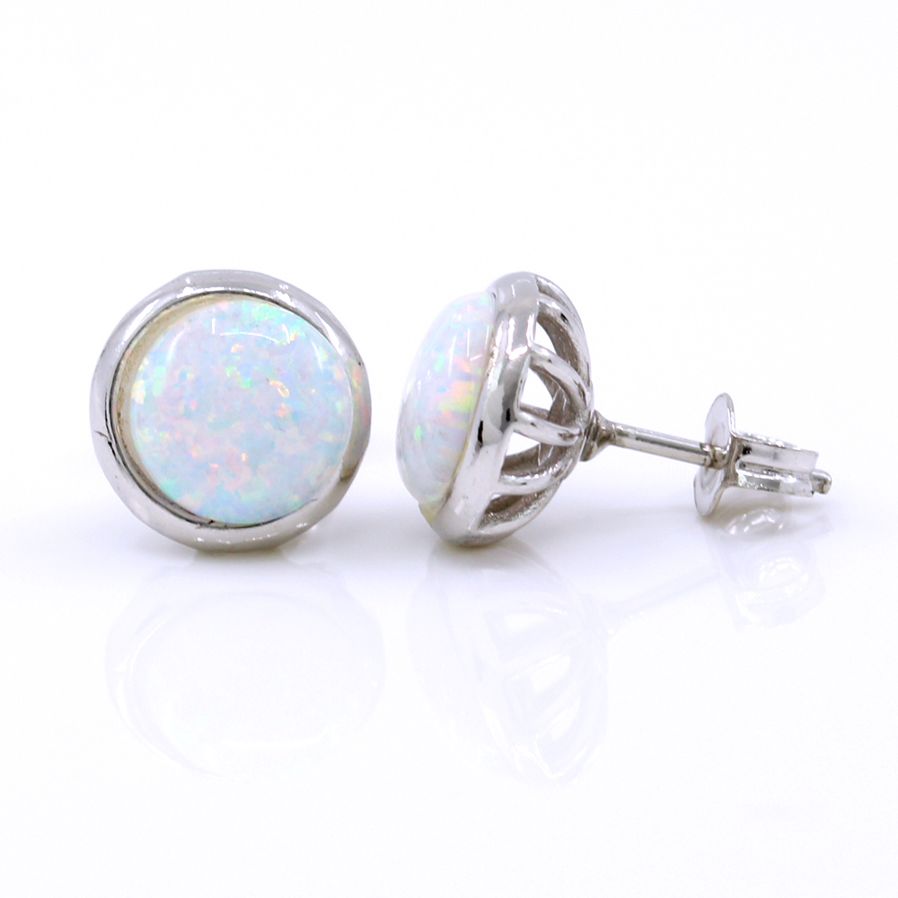 Cercei Rotund cu White Opal, argint 925 rodiat, 10mm