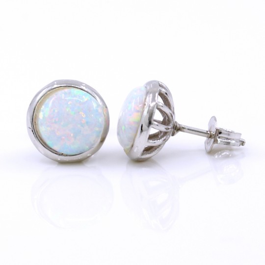 Cercei Rotund cu White Opal, argint 925 rodiat, 10mm