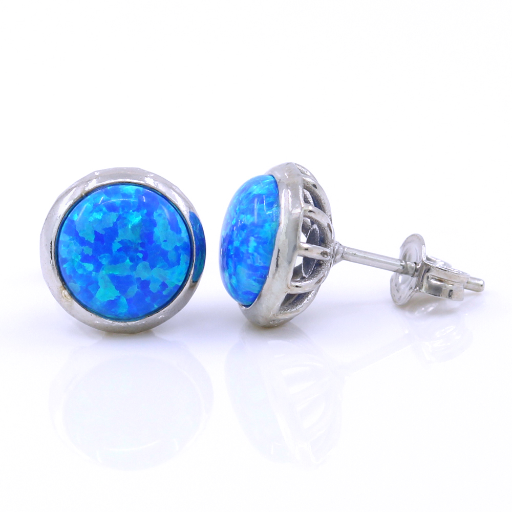 Cercei Rotund cu Blue Opal, argint 925 rodiat, 10mm